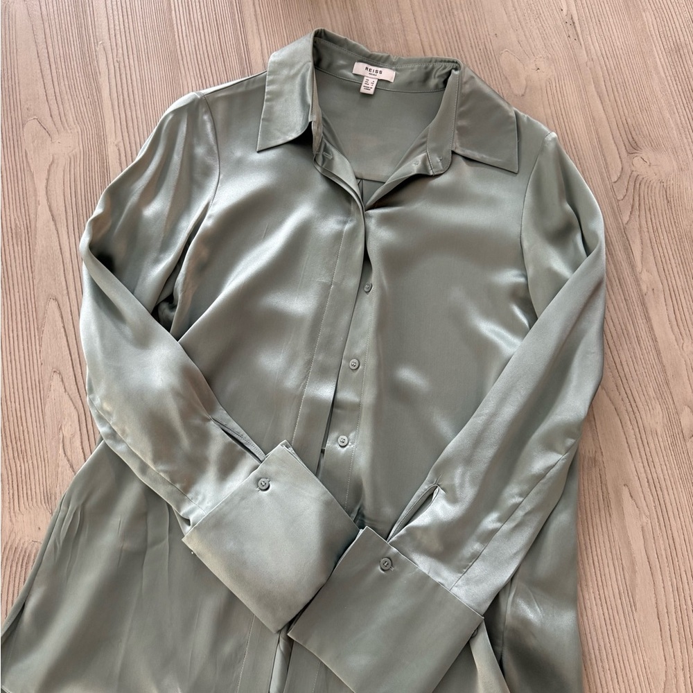 Reiss Sage Green Satin Button-Up Blouse